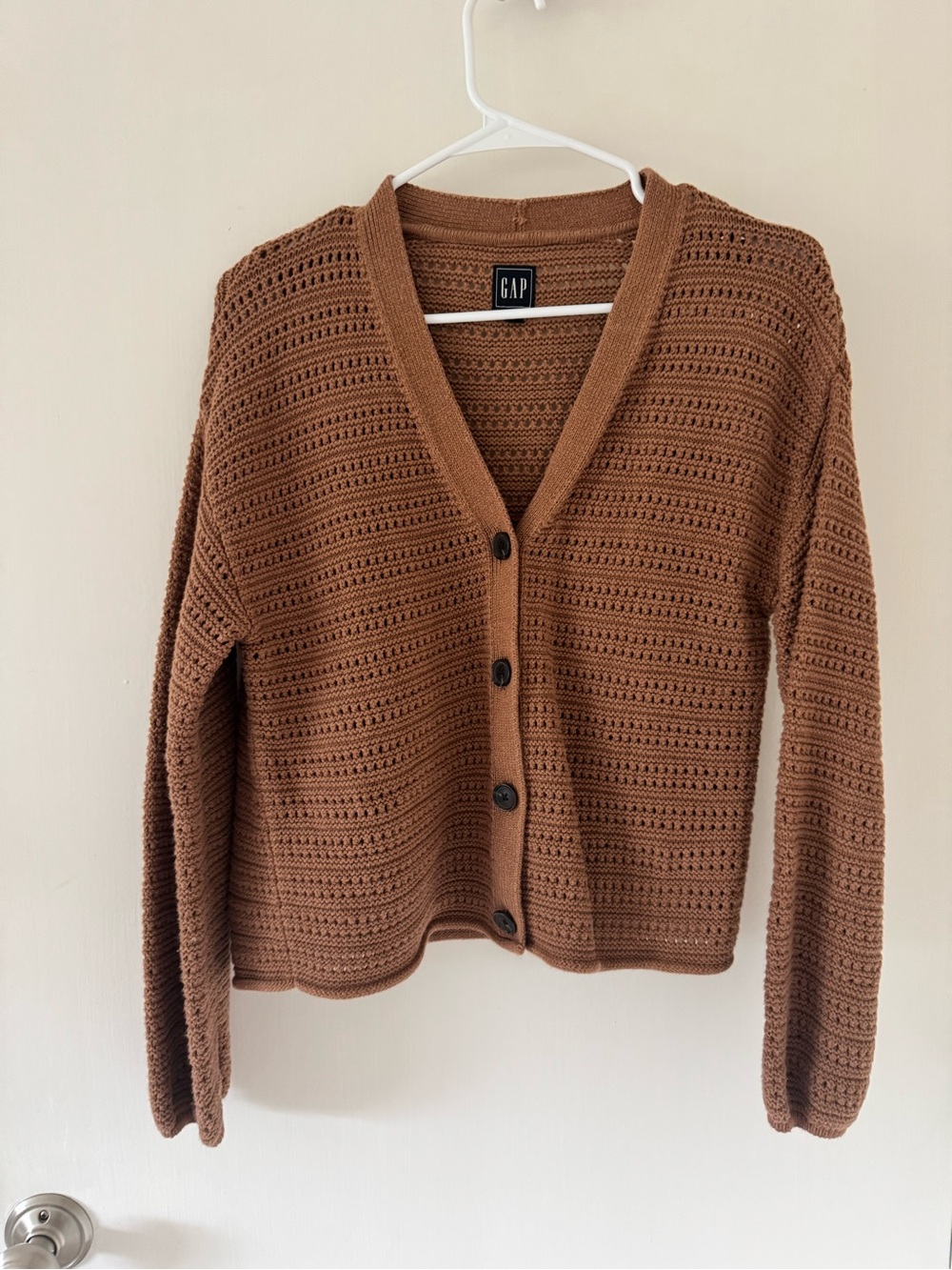 GAP Brown Crochet Cotton V-Neck Button-Up Cardigan Small